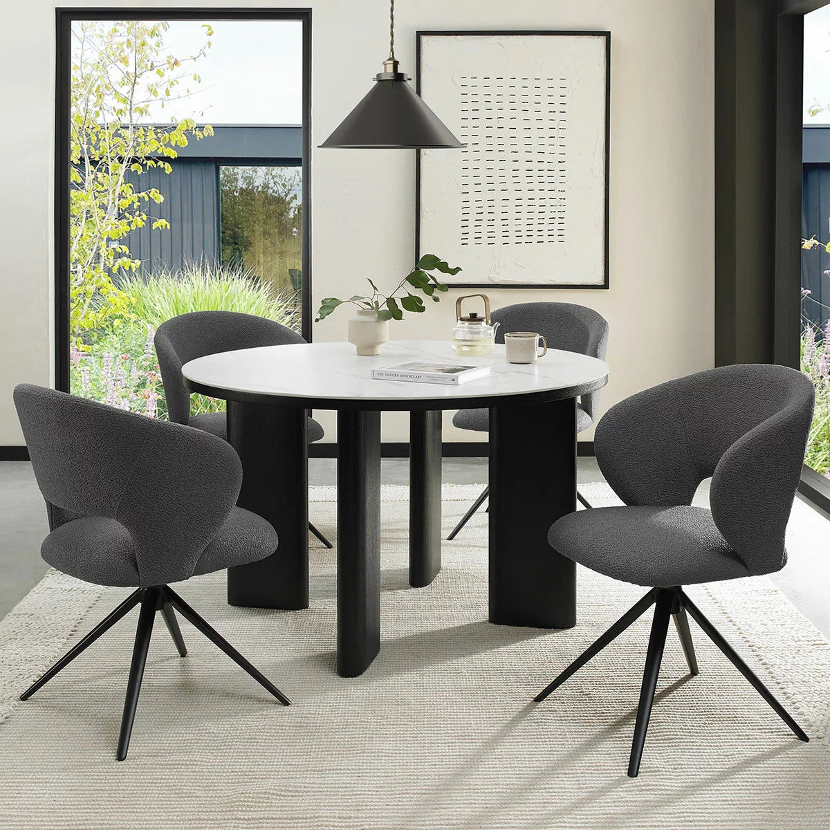 Bentley Designs Alisa Round Sintered Stone Dining Table + 4 Grey Swivel Chairs