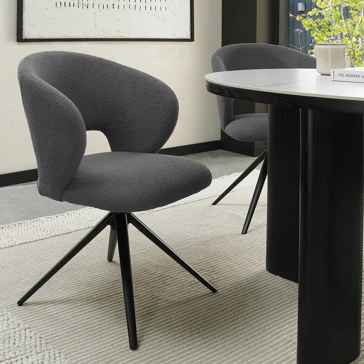 Bentley Designs Alisa Round Sintered Stone Dining Table + 4 Grey Swivel Chairs