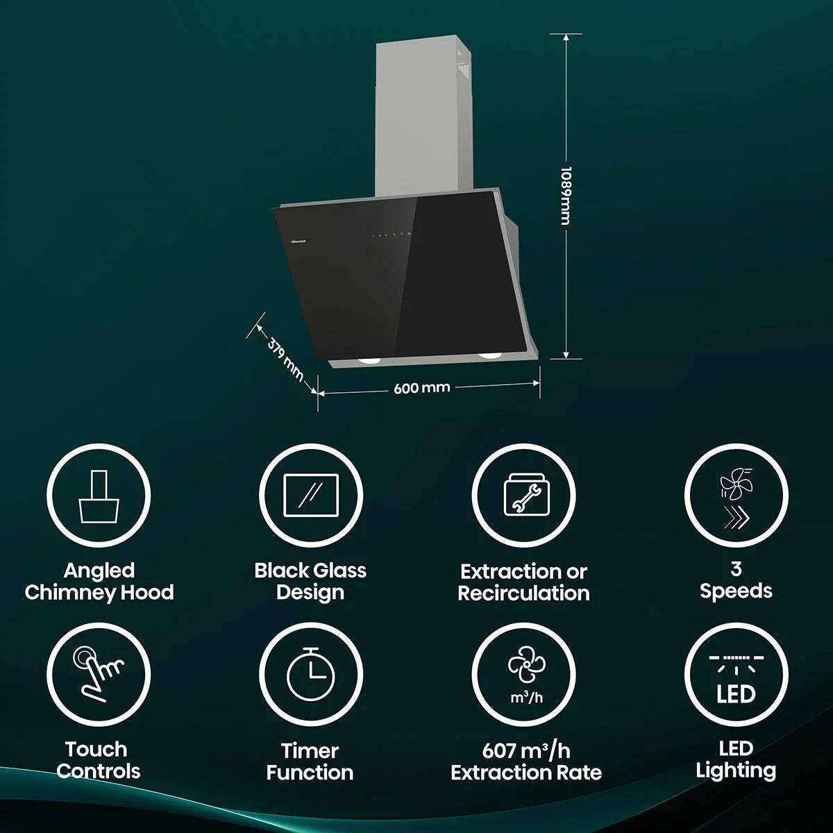 Hisense CH6IN14BXBUK 60cm Chimney Cooker Hood, A Rated in Black