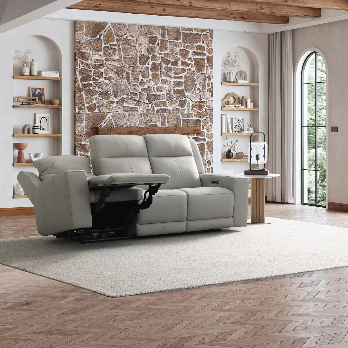 Simon Li Wren Light Grey Leather Power Reclining 3 Seater Sofa with Power