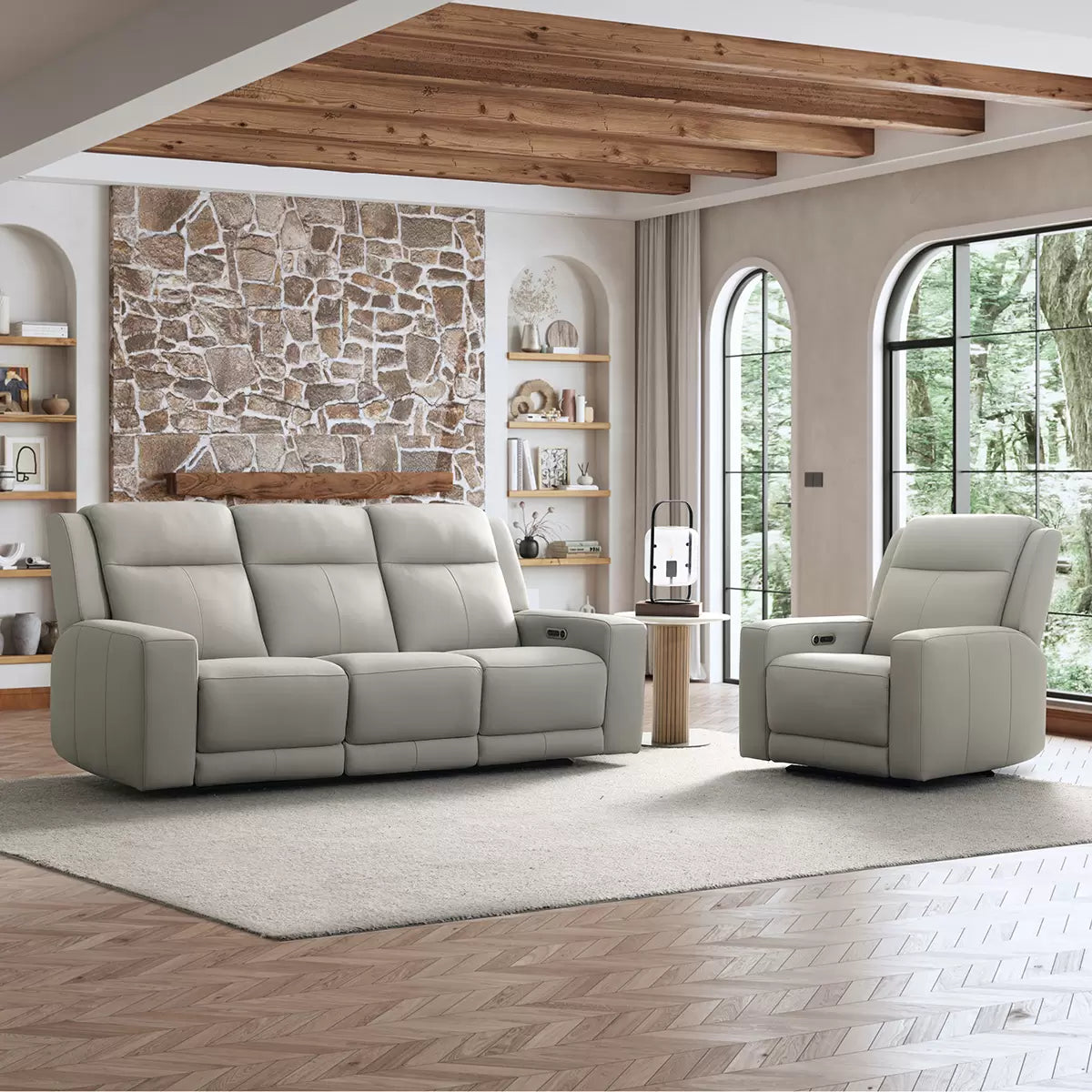 Simon Li Wren Light Grey Leather Power Reclining 3 Seater Sofa with Power