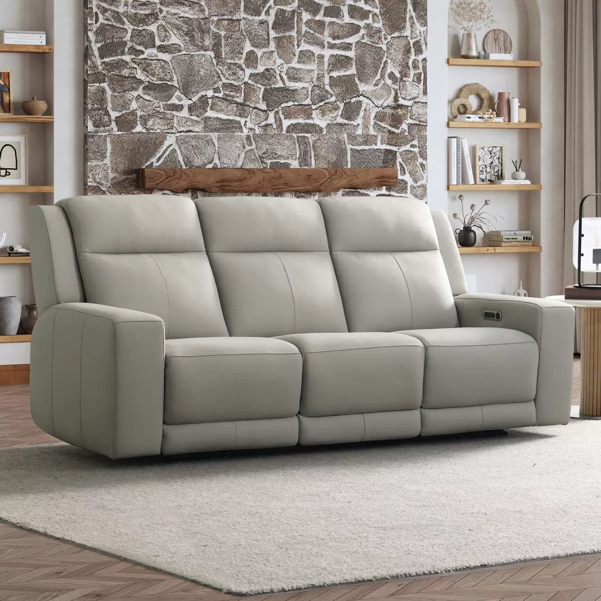 Simon Li Wren Light Grey Leather Power Reclining 3 Seater Sofa with Power
