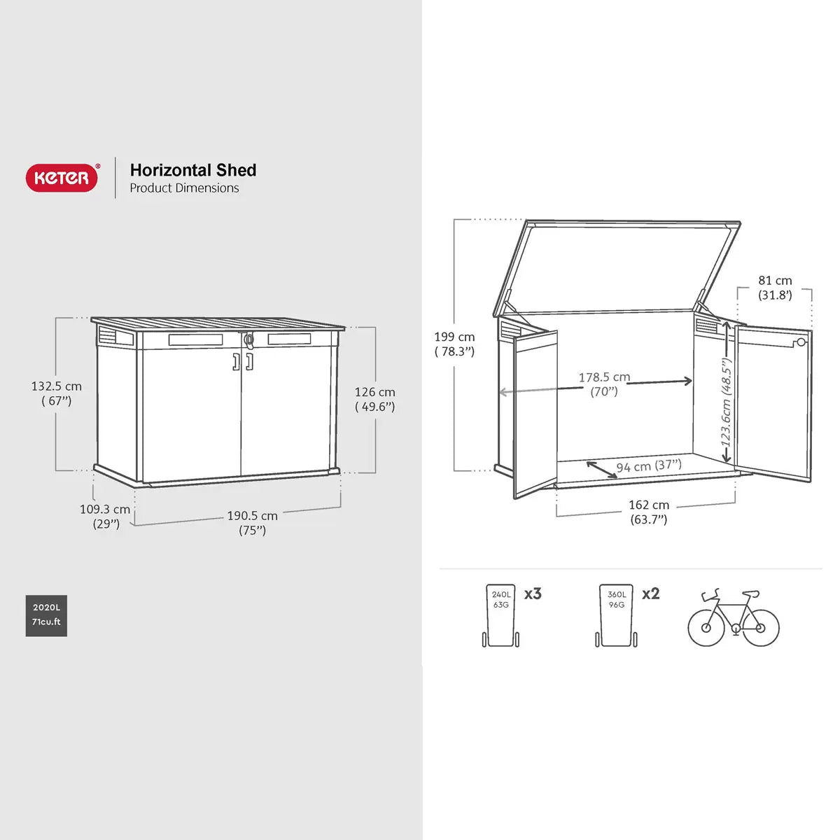 Keter Rosewood Horizon 6ft 3" x 3ft 7" (1.9 x 1.1m) Horizontal 2, 020 Litre