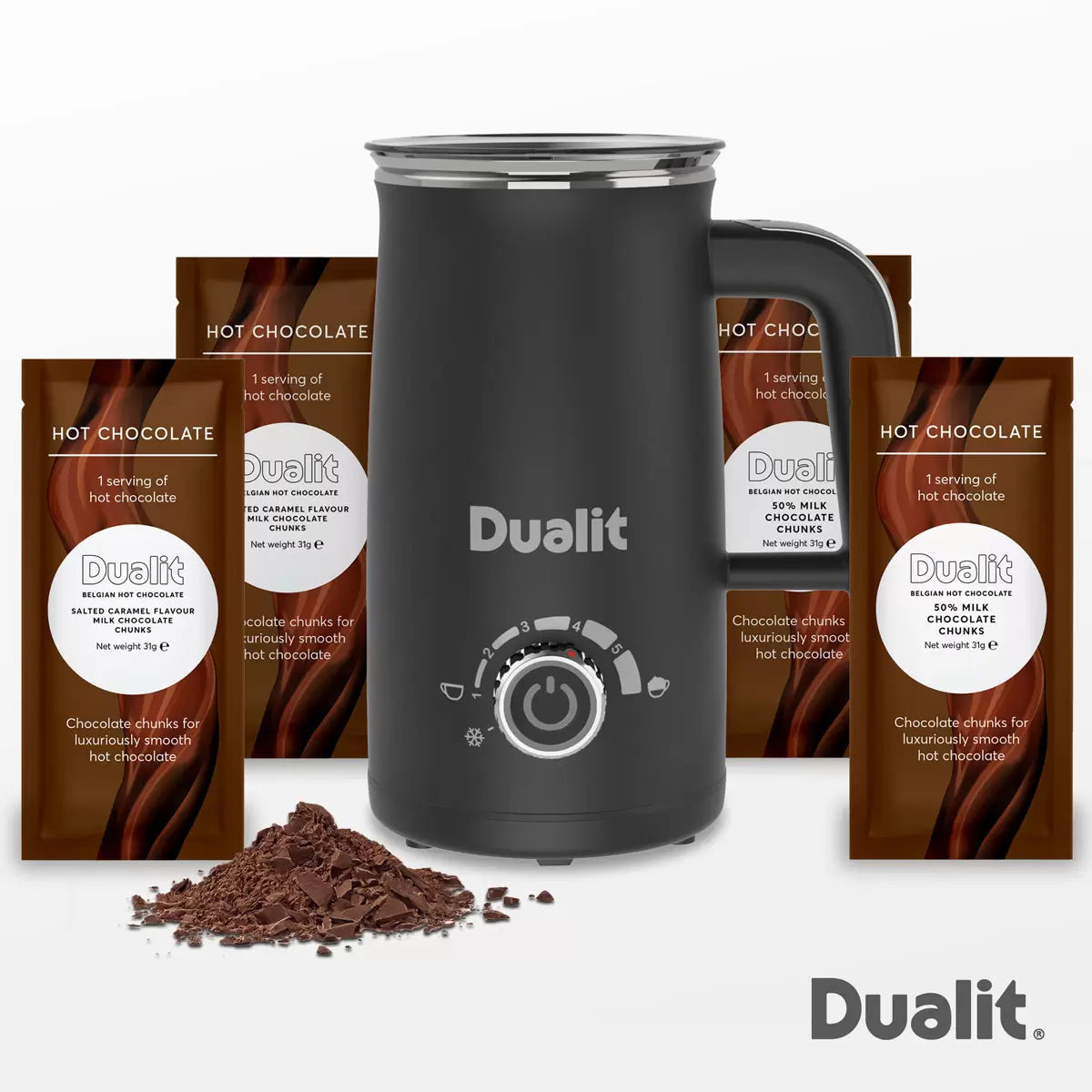 Dualit Milk Frother & Hot Chocolate Maker Max with 4 x Single Serve Belgian