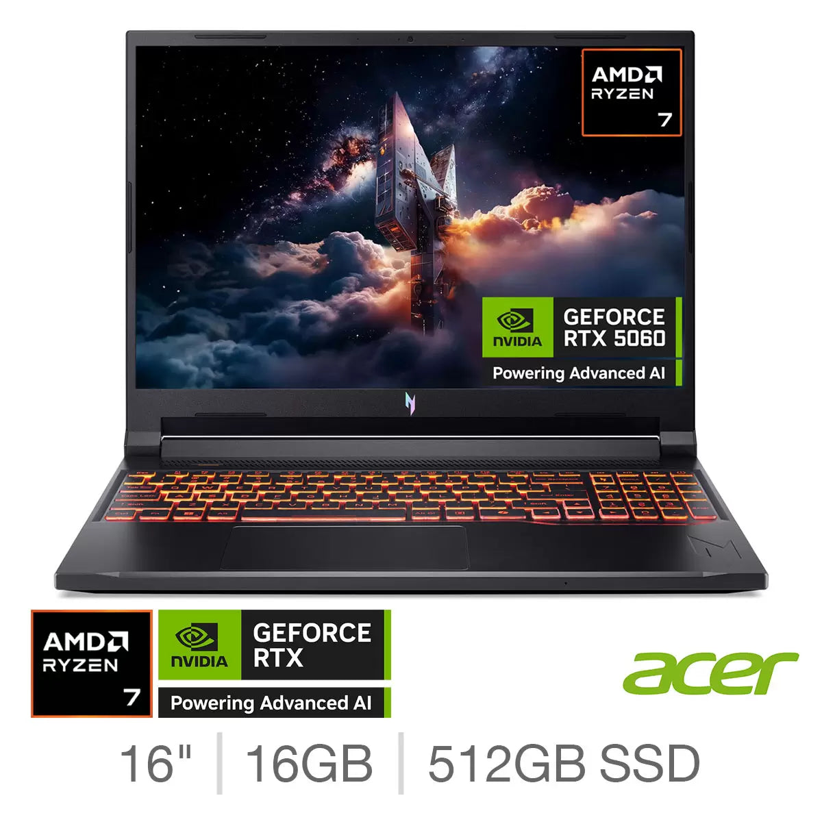 Acer Nitro V16 AI, AMD Ryzen 7, 16GB RAM, 512GB SSD, NVIDIA GeForce RTX 5060, 16 Inch Gaming Laptop, NH.QYXEK.005