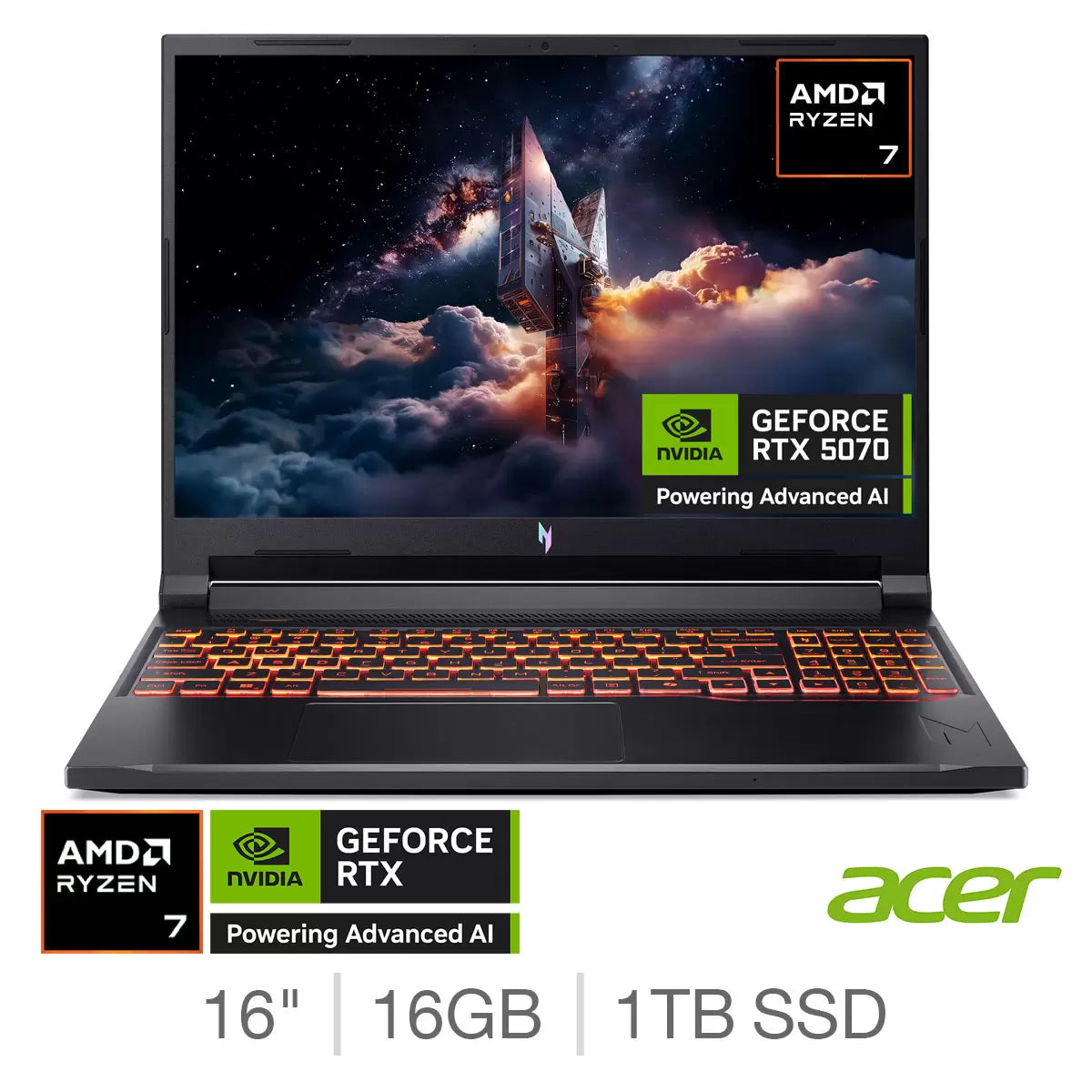 Acer Nitro V16 AI, AMD Ryzen 7, 16GB RAM, 1TB SSD, NVIDIA GeForce RTX 5070, 16