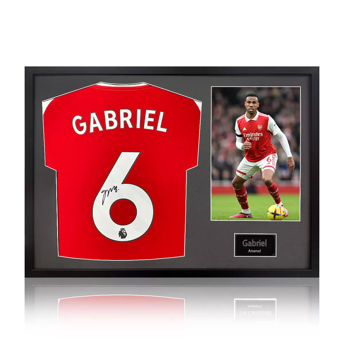 Gabriel Signed Framed Arsenal Football Shirt in 2 Options: White or Black Mount