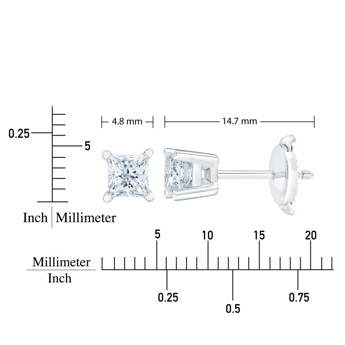 0.73ctw Princess Cut Diamond Stud Earrings, 14ct White Gold