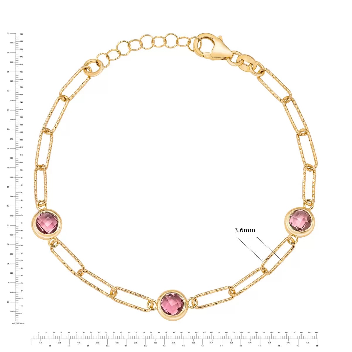 Round Cut Pink Tourmaline Paperclip Bracelet 14ct Yellow Gold
