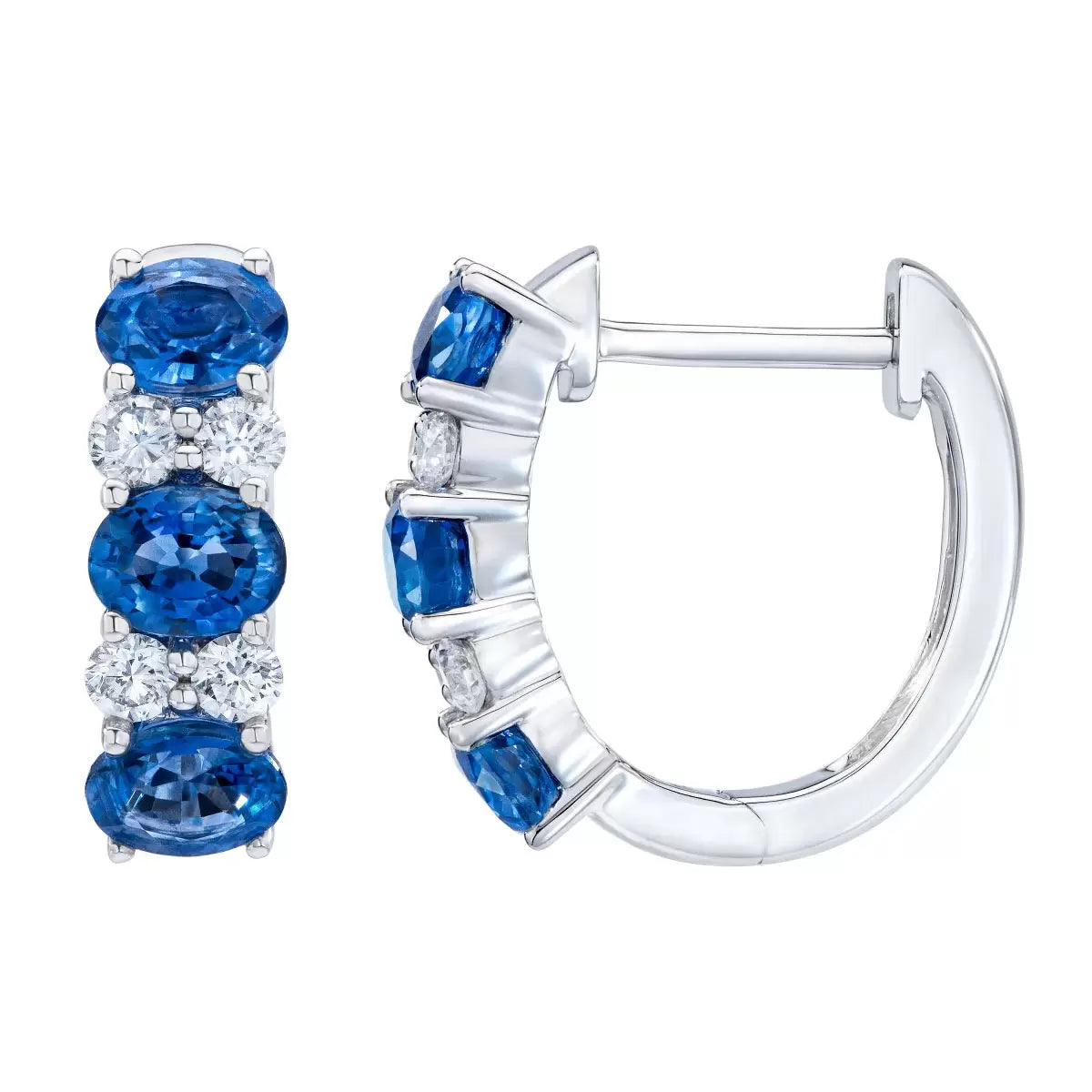 Oval Cut Sapphire & 0.23ctw Diamond Hoop Earrings, 14ct White Gold