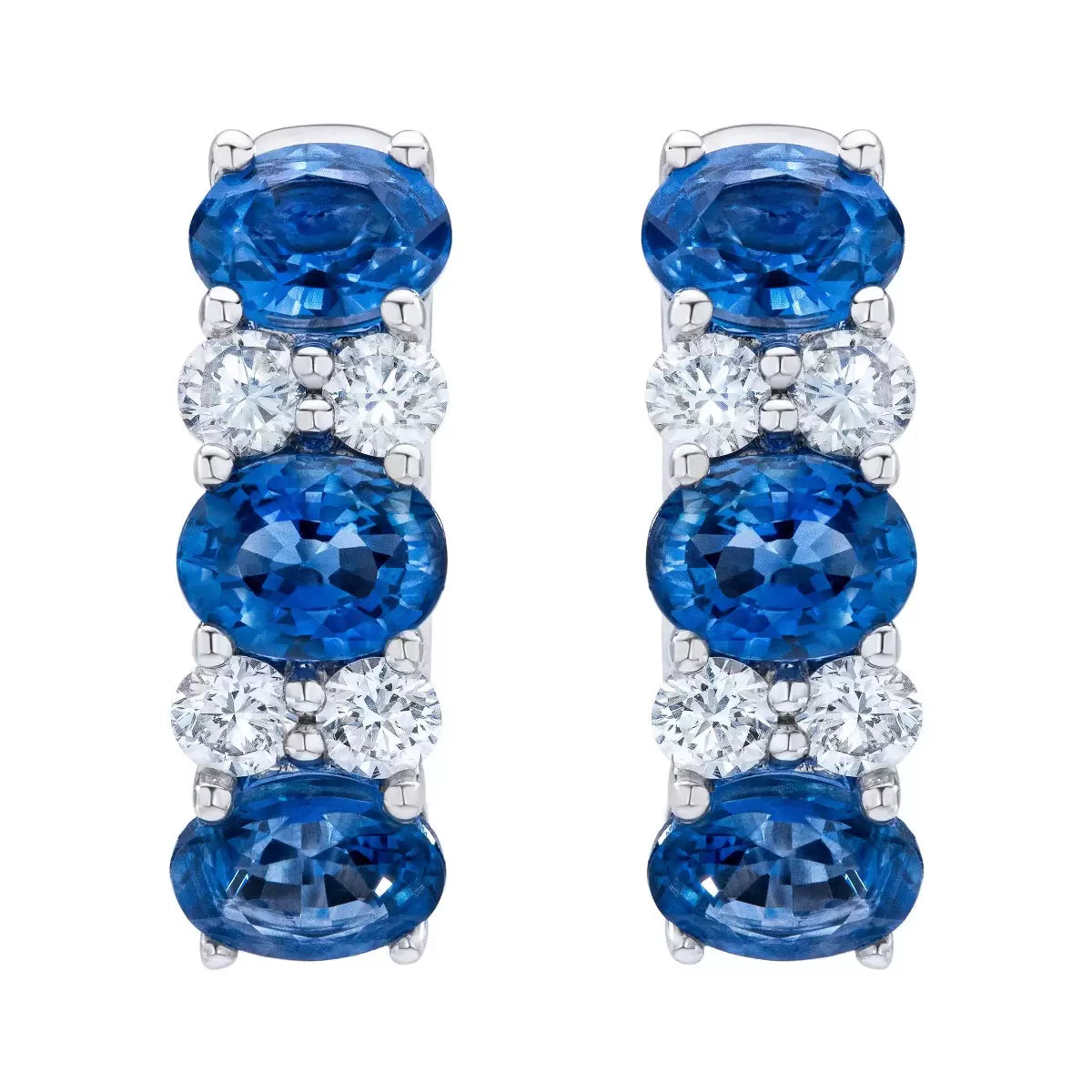 Oval Cut Sapphire & 0.23ctw Diamond Hoop Earrings, 14ct White Gold