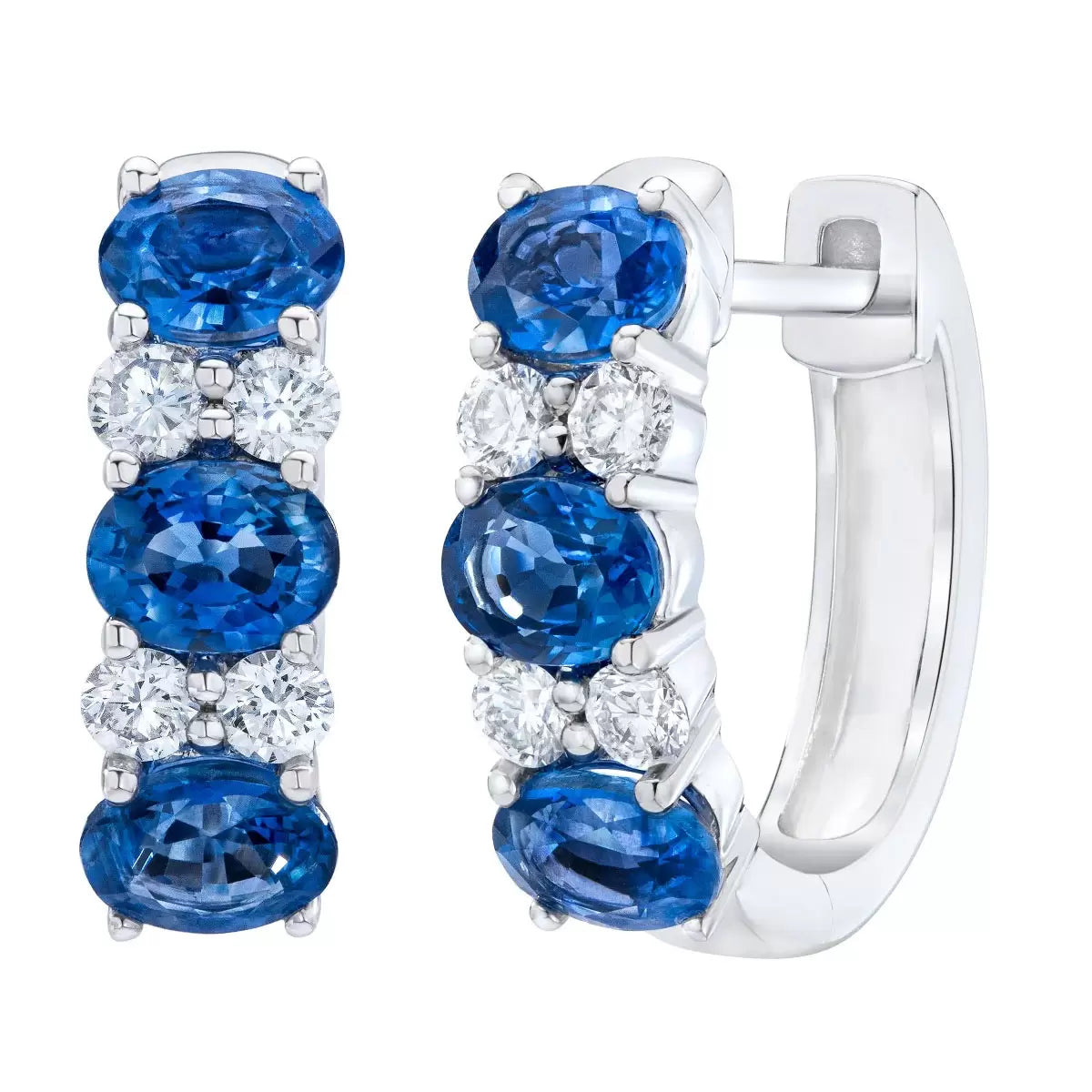 Oval Cut Sapphire & 0.23ctw Diamond Hoop Earrings, 14ct White Gold