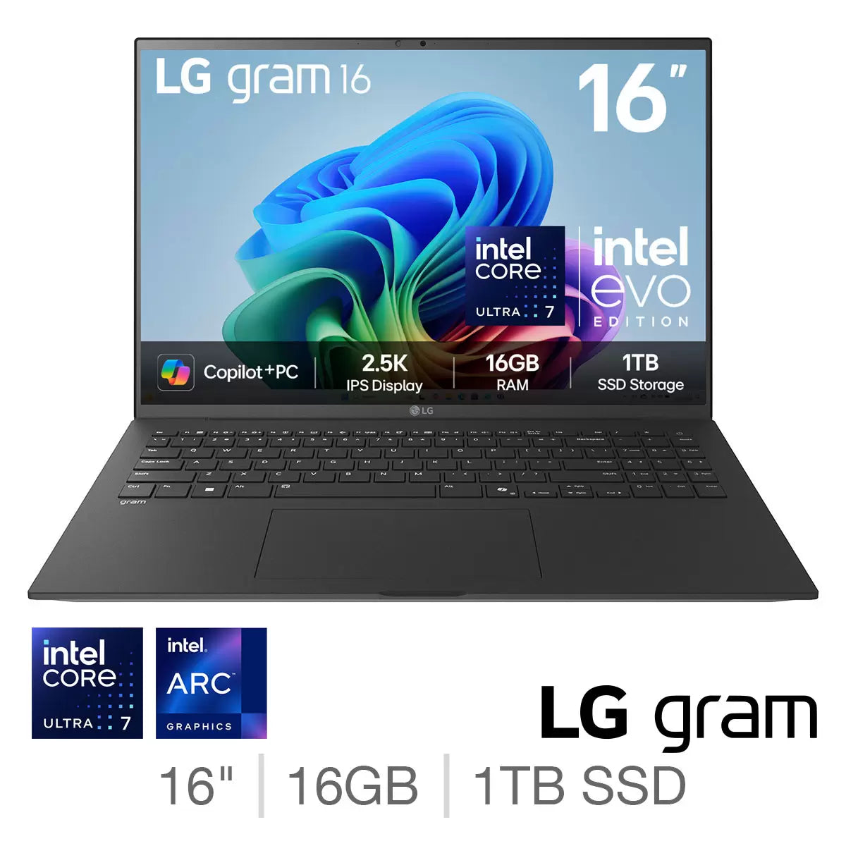LG gram Copilot+PC, Intel Core Ultra 7, 16GB RAM, 1TB SSD, 16 Inch Laptop