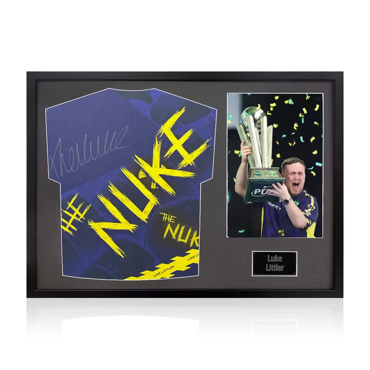 Luke Littler Signed Framed Darts Shirt including 1 Photo in 2 Options: White or Black Mount, view 2