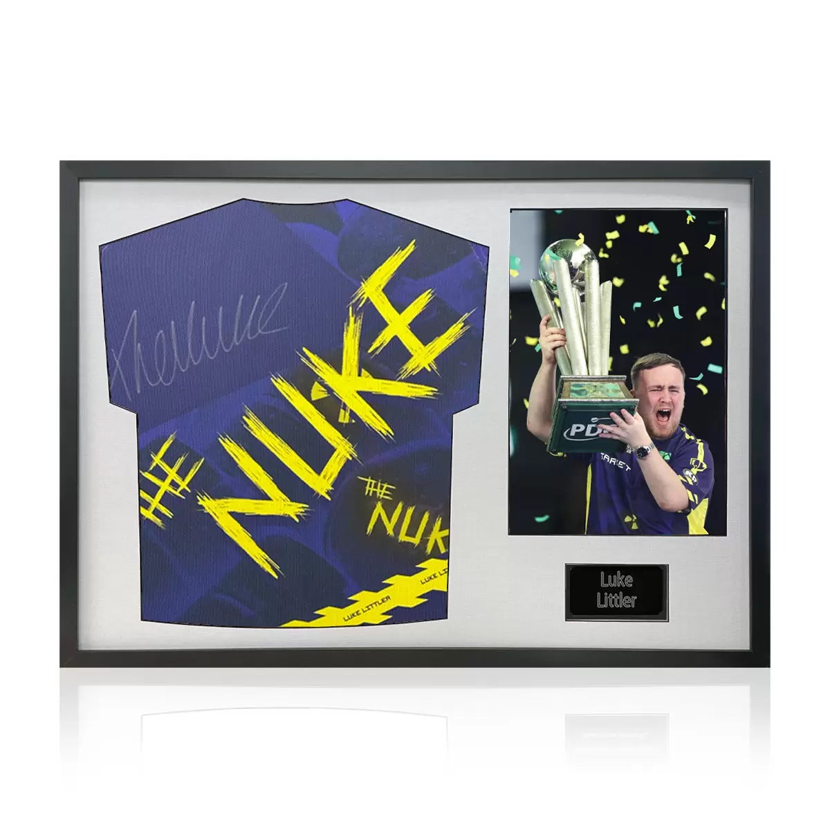Luke Littler Signed Framed Darts Shirt including 1 Photo in 2 Options: White or Black Mount, view 3