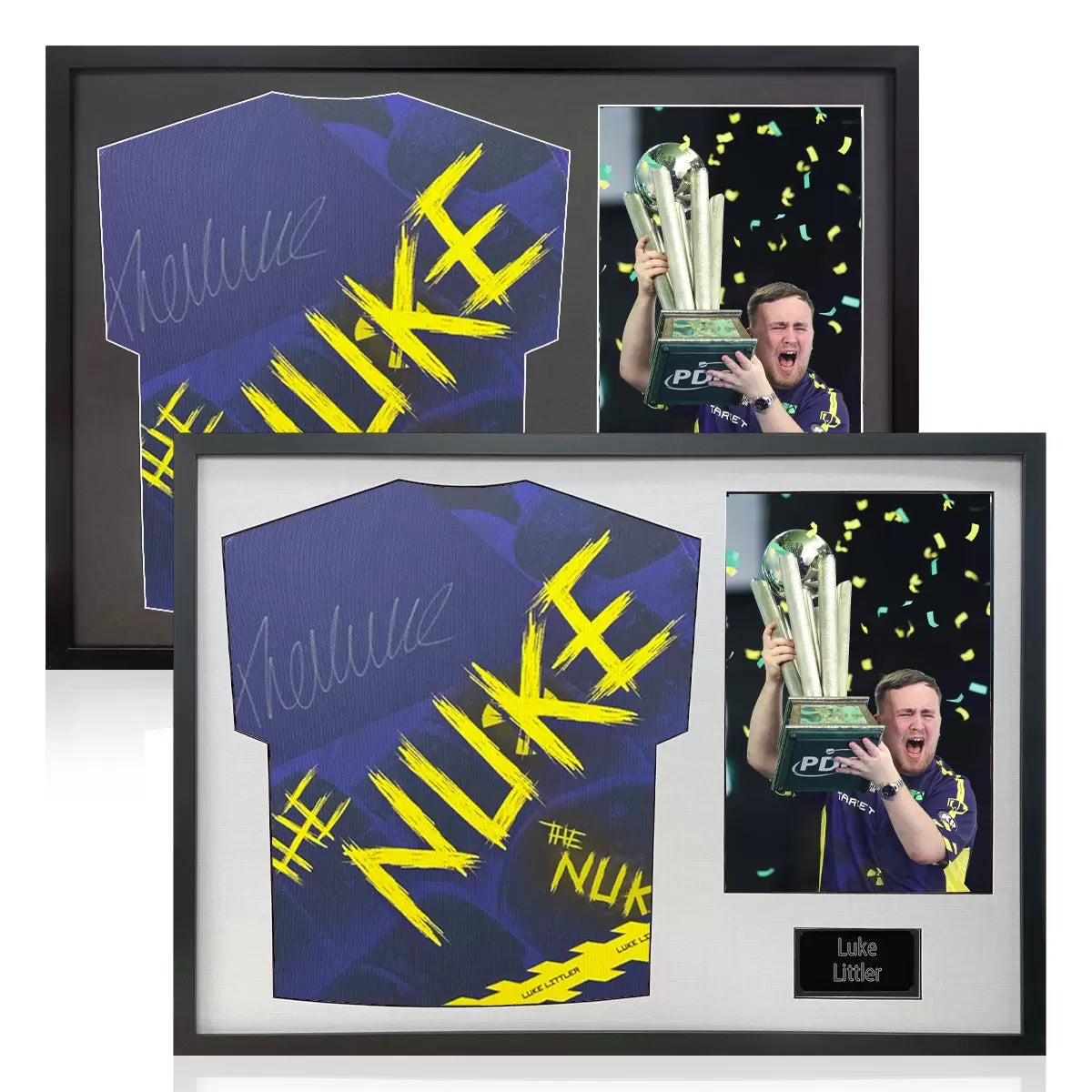 Luke Littler Signed Framed Darts Shirt including 1 Photo in 2 Options: White or Black Mount
