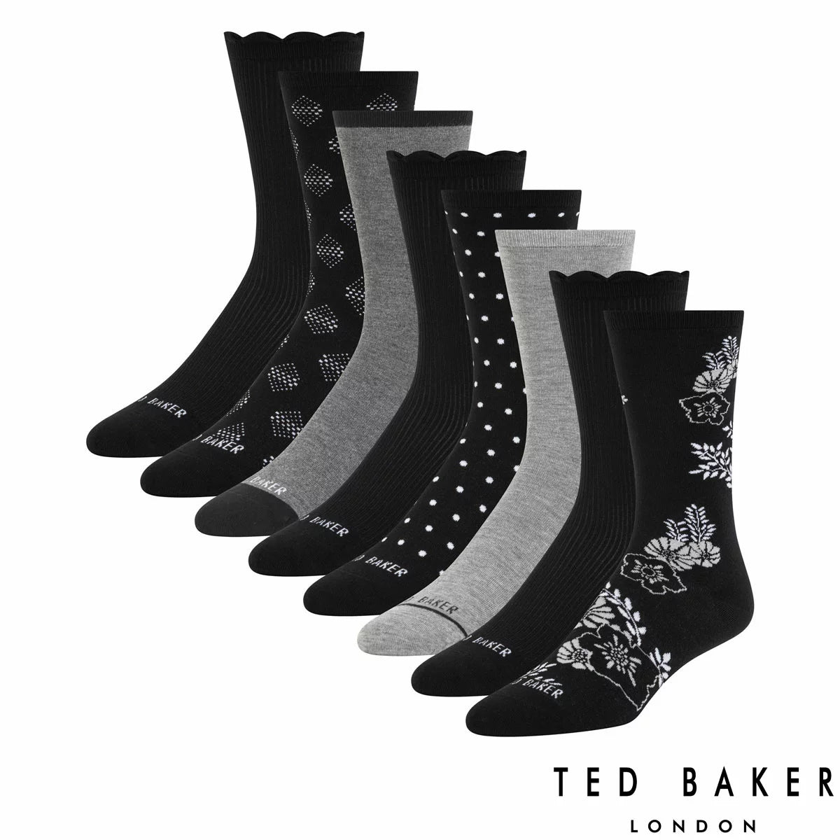 Ted Baker Women's Crew Sock 8 Pack in Black & Grey