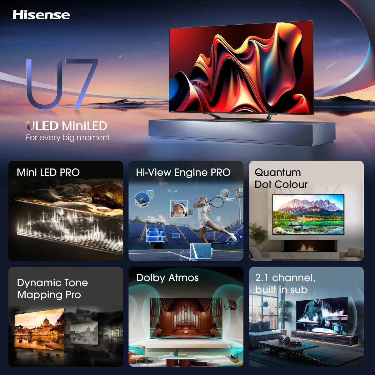 Hisense 100U7NQTUK 100 Inch Mini-LED 4K UHD Smart TV, view 5