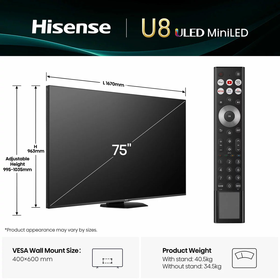 Hisense 75U8QTUK 75 Inch Mini LED HD Smart TV