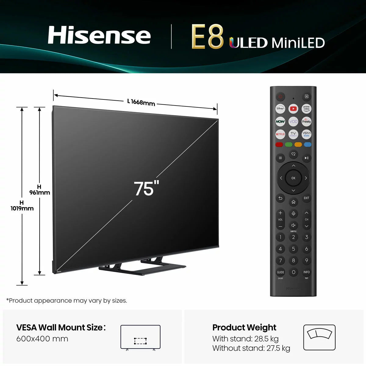 Hisense 75E8QTUK 75 Inch Mini LED HD Smart TV