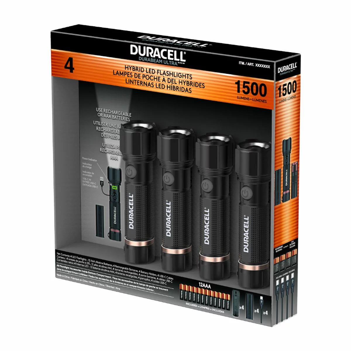 Duracell 1, 500 Lumen Dual Power Flashlight, 4 Pack