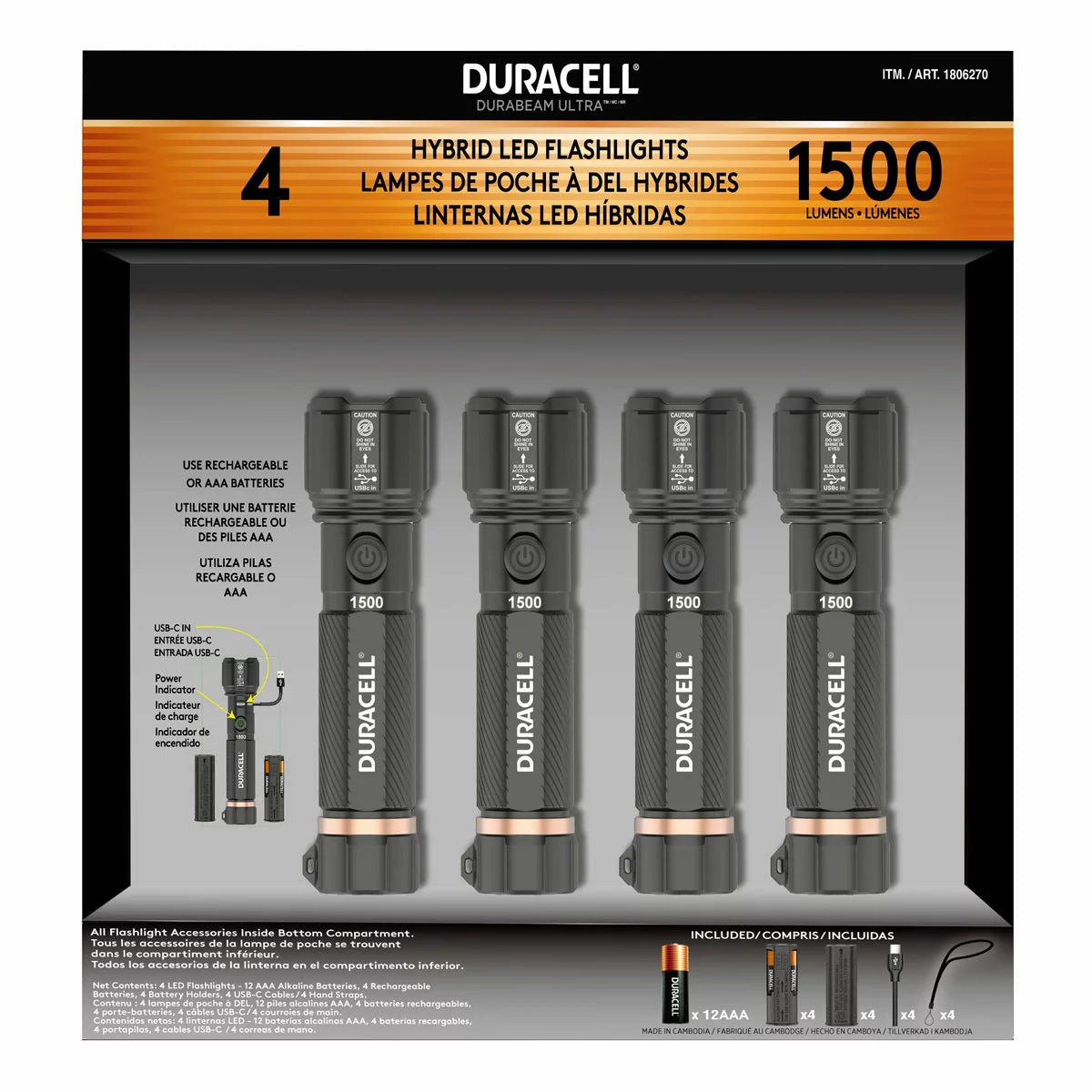 Duracell 1, 500 Lumen Dual Power Flashlight, 4 Pack
