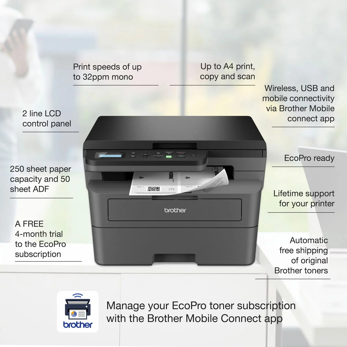 Brother 3-in-1 Mono Laser Multifunction Printer, DCP-L2627DWE