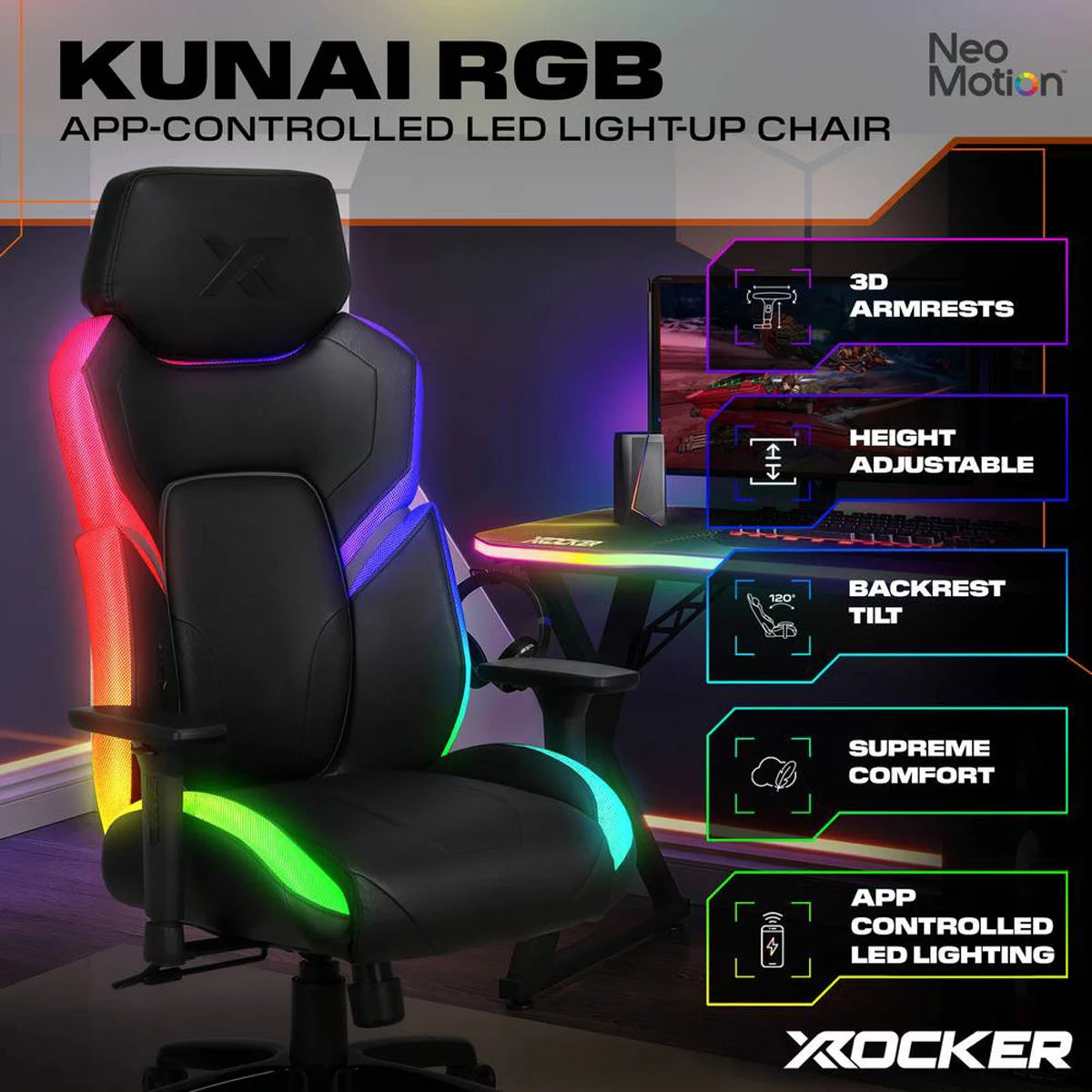 X Rocker Kunai RGB Gaming Chair with LED Lights