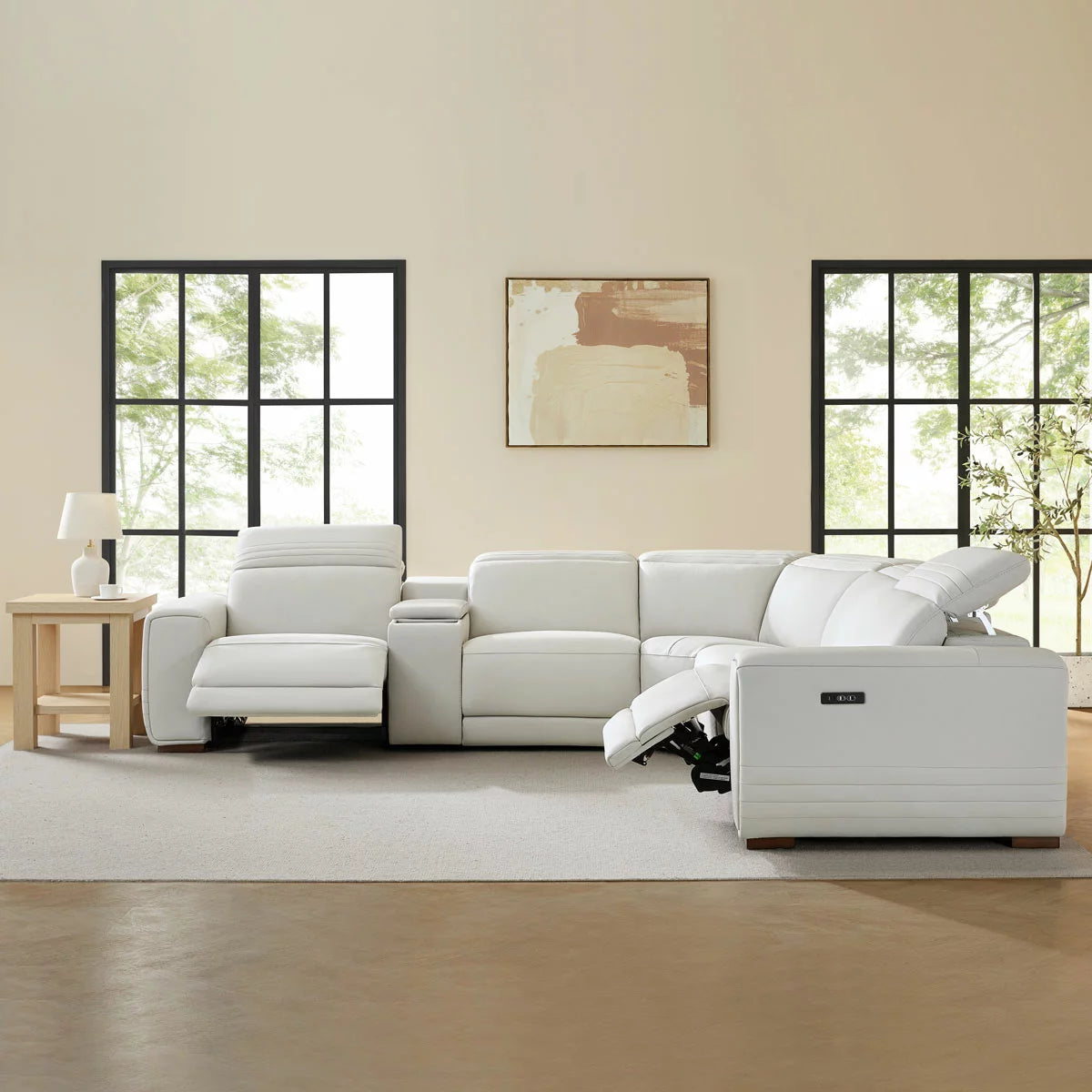Aiden & Ivy Karson Cream Leather Power Reclining Sectional Sofa