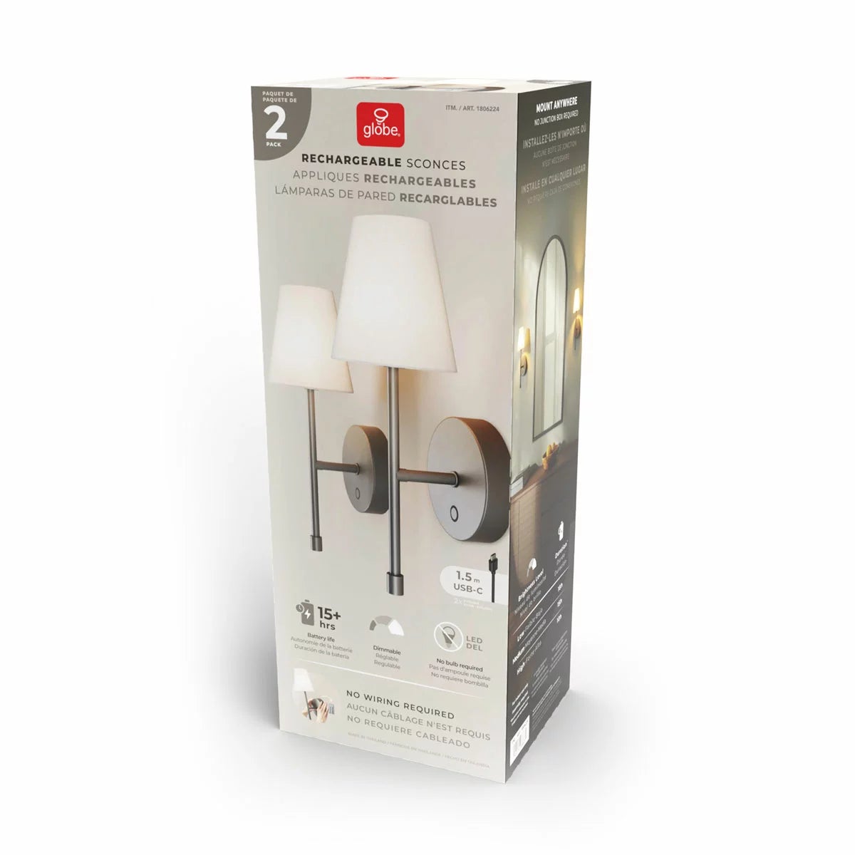 Globe Electric Wireless Rechargeable LED Integrated Wall Sconce, 2 Pack, view 7
