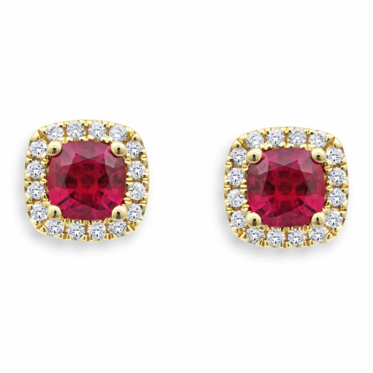 Cushion Cut Ruby & 0.11ctw Diamond Halo Earrings, 18ct Yellow Gold