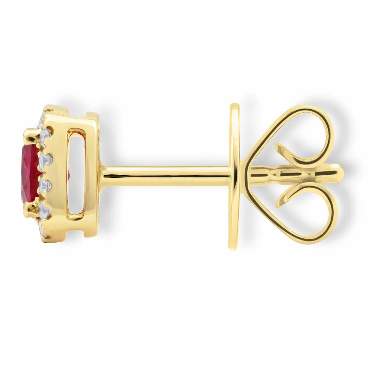 Cushion Cut Ruby & 0.11ctw Diamond Halo Earrings, 18ct Yellow Gold