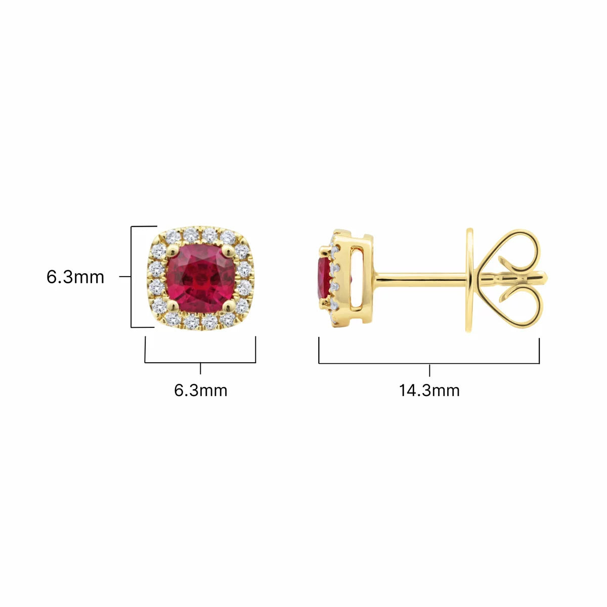 Cushion Cut Ruby & 0.11ctw Diamond Halo Earrings, 18ct Yellow Gold