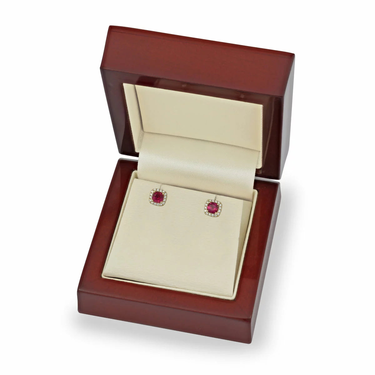 Cushion Cut Ruby & 0.11ctw Diamond Halo Earrings, 18ct Yellow Gold