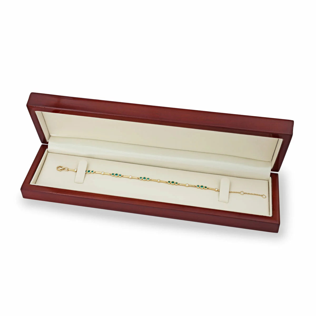 Round Cut Lab Emerald & 0.18ctw Diamond Bracelet, 18ct Yellow Gold