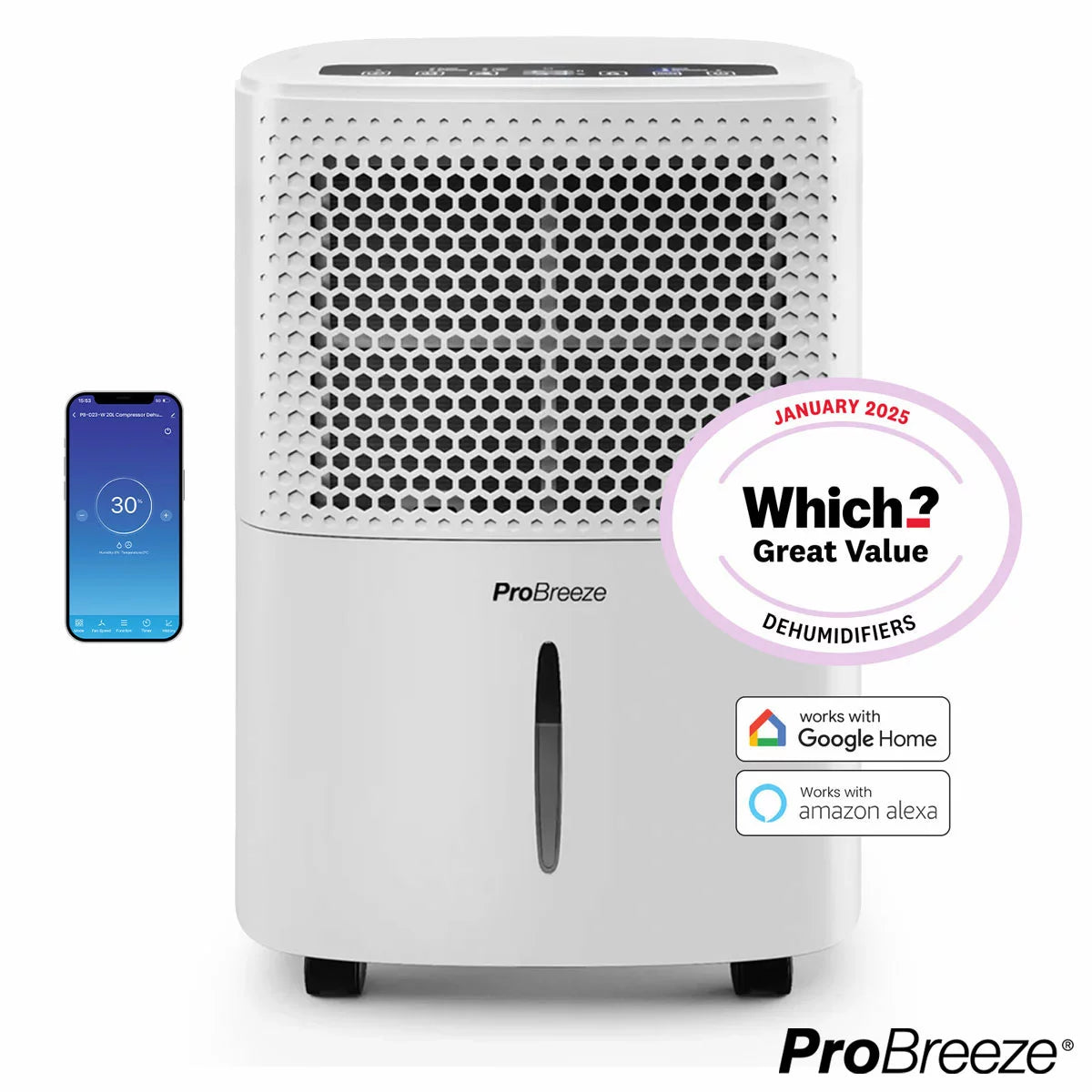 Pro Breeze 12L Dehumidifer With Humidistat & Smart App Control, PB-D-06W-W-UK