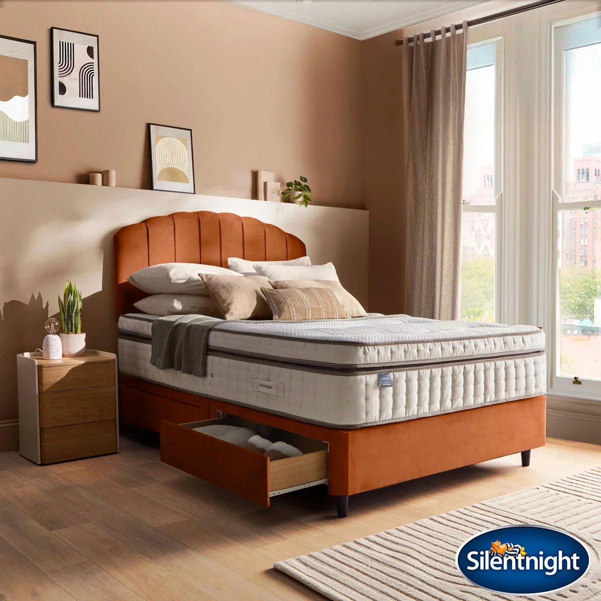 Silentnight Velvet 4 Drawer Divan Base with Merlin Headboard & 3