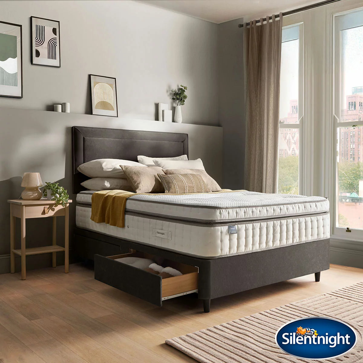 Silentnight Velvet 4 Drawer Divan Base with Malvern Headboard & 3