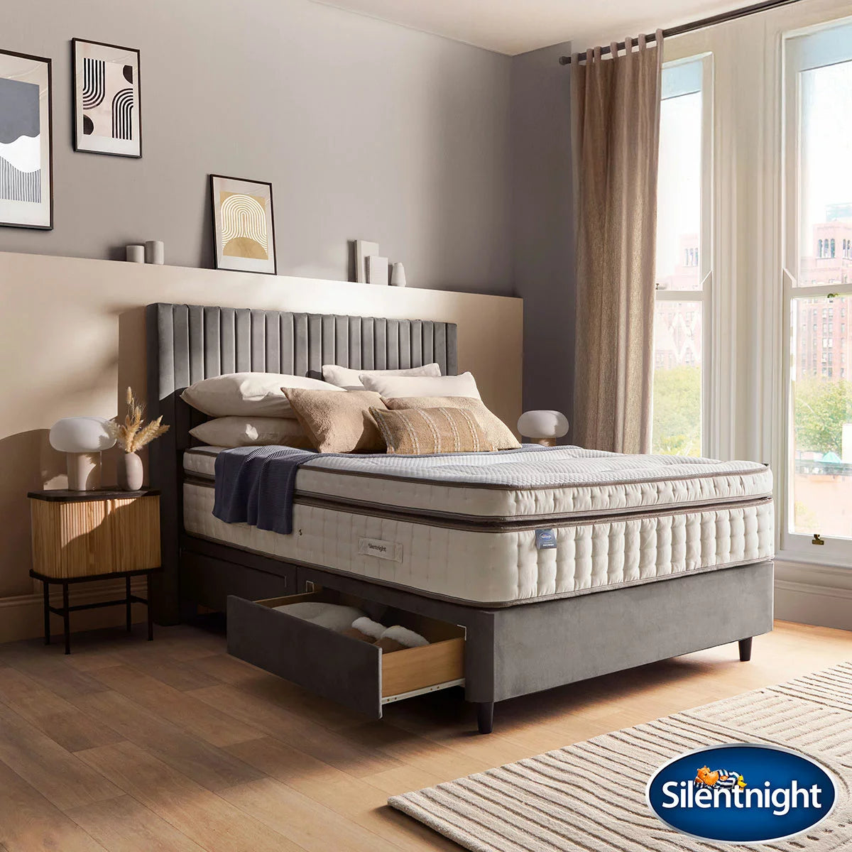 Silentnight Velvet 4 Drawer Divan Base with Slumber Headboard & 3