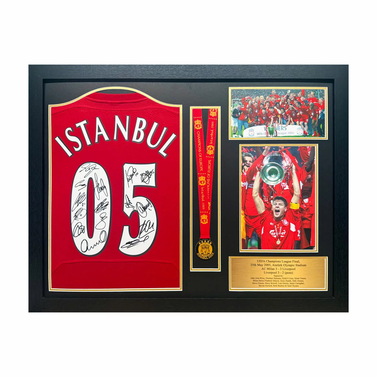 Liverpool 2005 Champions League Final Retro Shirt Medal Display Signed by all 15
