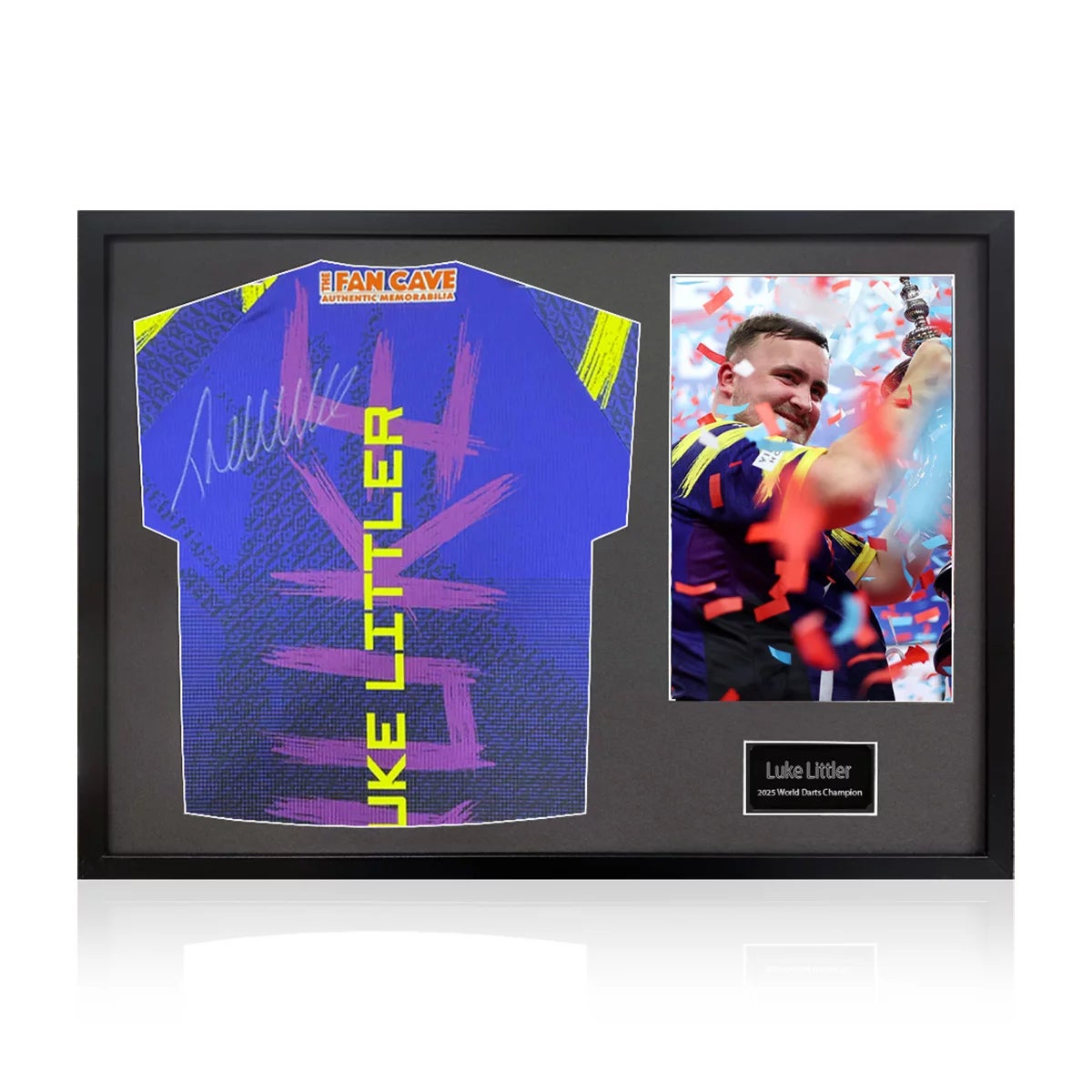 Luke Littler Signed Framed Darts Shirt including 1 Photo in 2 Options: White or Black Mount, view 2