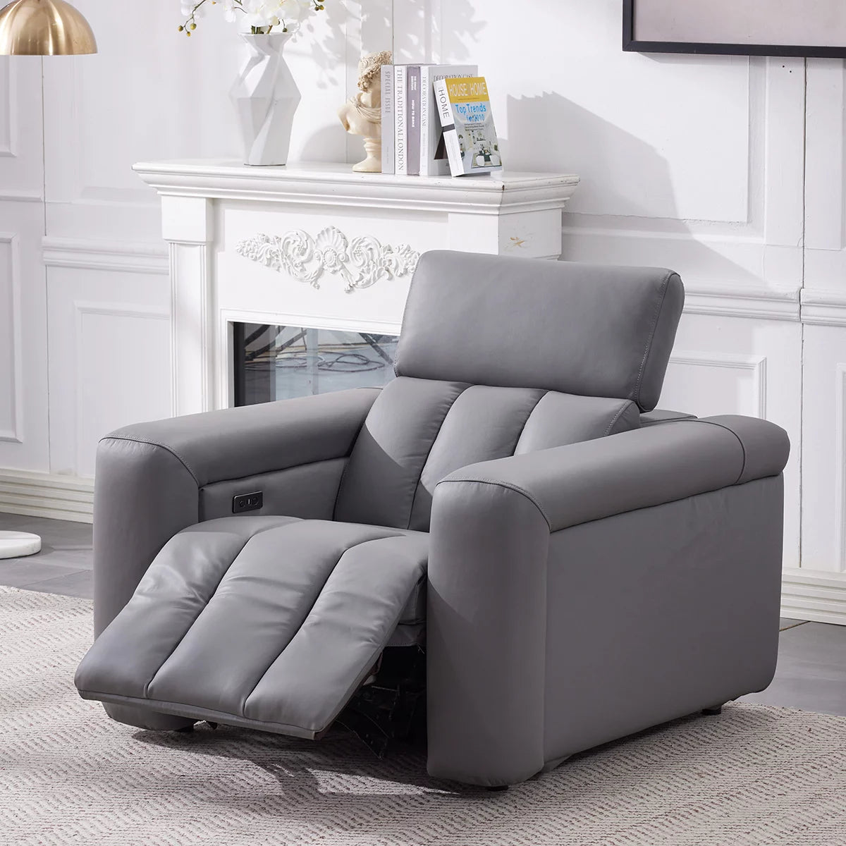 Dallas Grey Leather Power Recliner Armchair