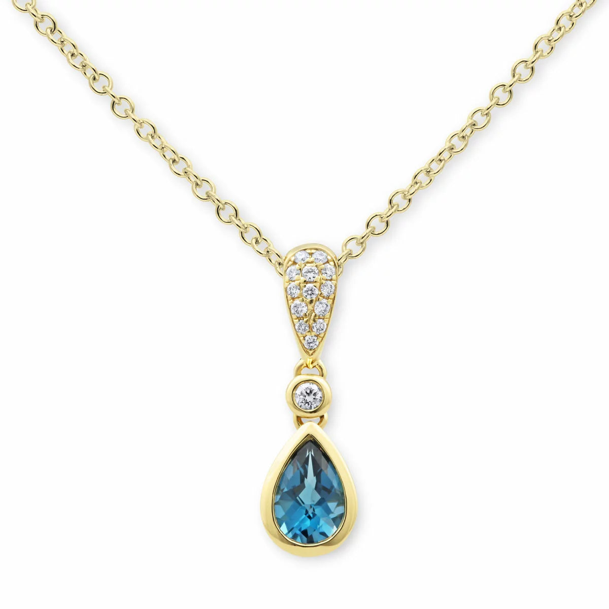 Pear Cut Blue Topaz & 0.07ctw Diamond Pendant, 18ct Yellow Gold