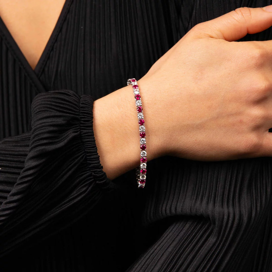 Diamonfire Sterling Silver Silver Red & White CZ Line Bracelet