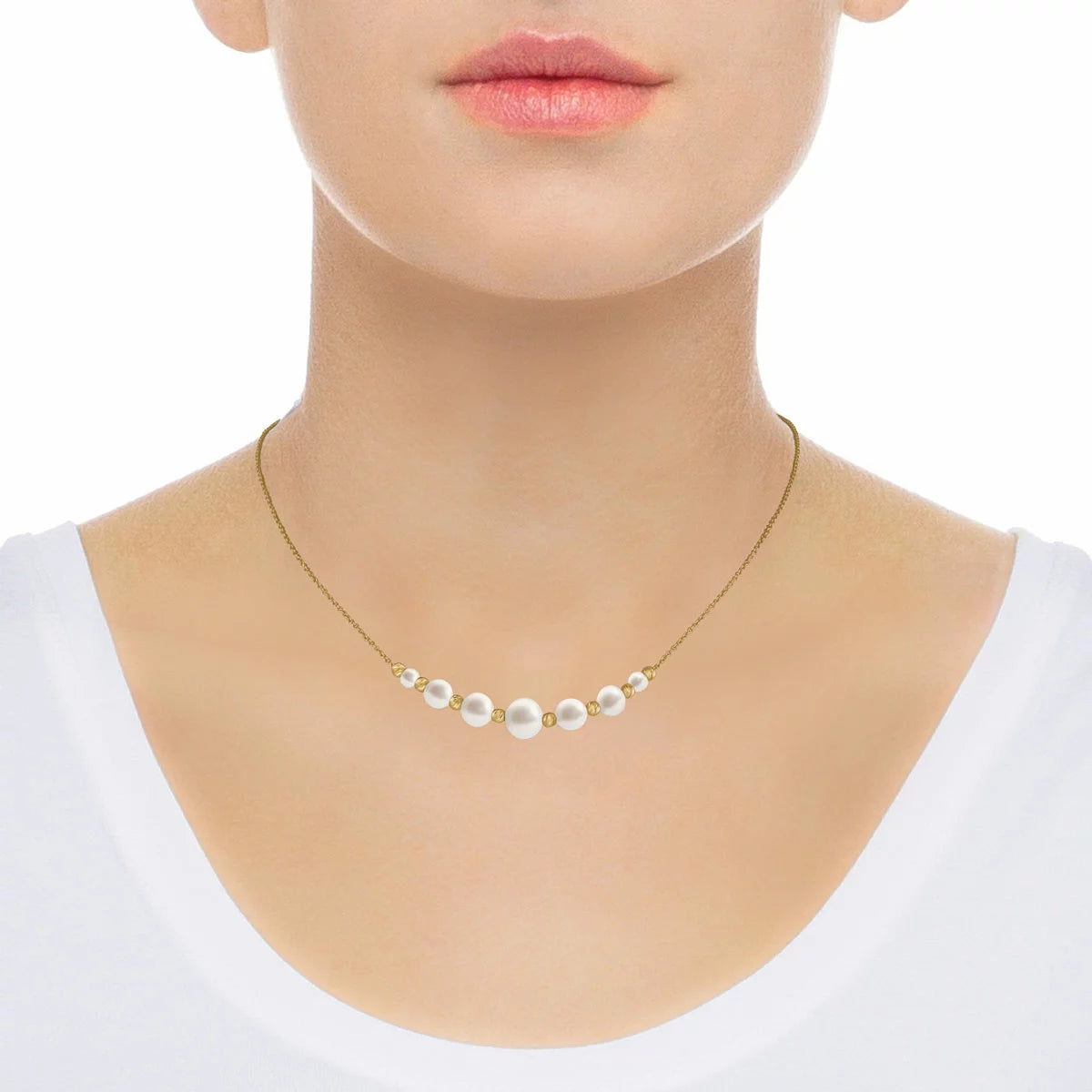 4-8.5mm Cultured Freshwater White Pearl & Gold Bead Graduated Necklace, 14ct Yellow Gold, view 2
