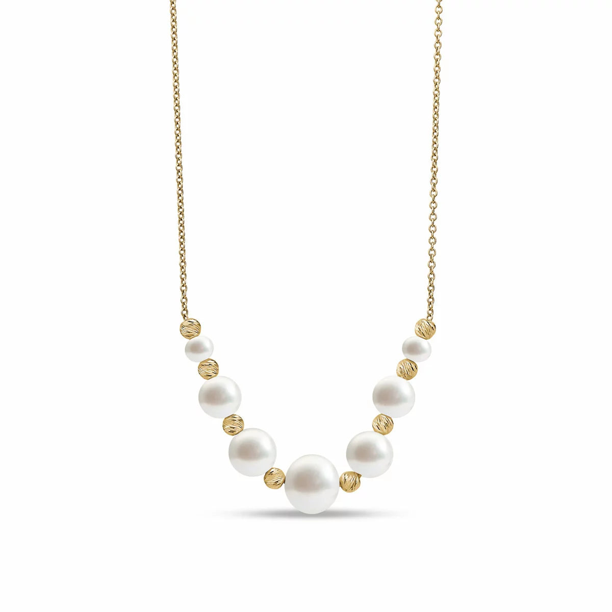 4-8.5mm Cultured Freshwater White Pearl & Gold Bead Graduated Necklace, 14ct Yellow Gold, view 3