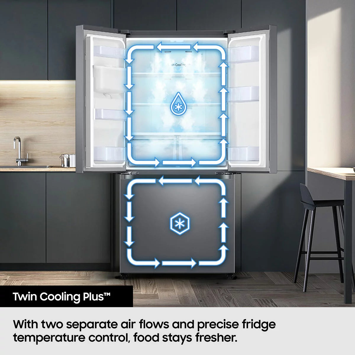 Samsung Spacemax RF24BB620ES9EU, Multidoor Fridge Freezer, E Rated in Silver