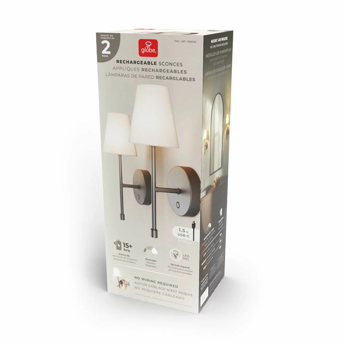 Globe Electric Wireless Rechargeable LED Integrated Wall Sconce, 2 Pack, view 19