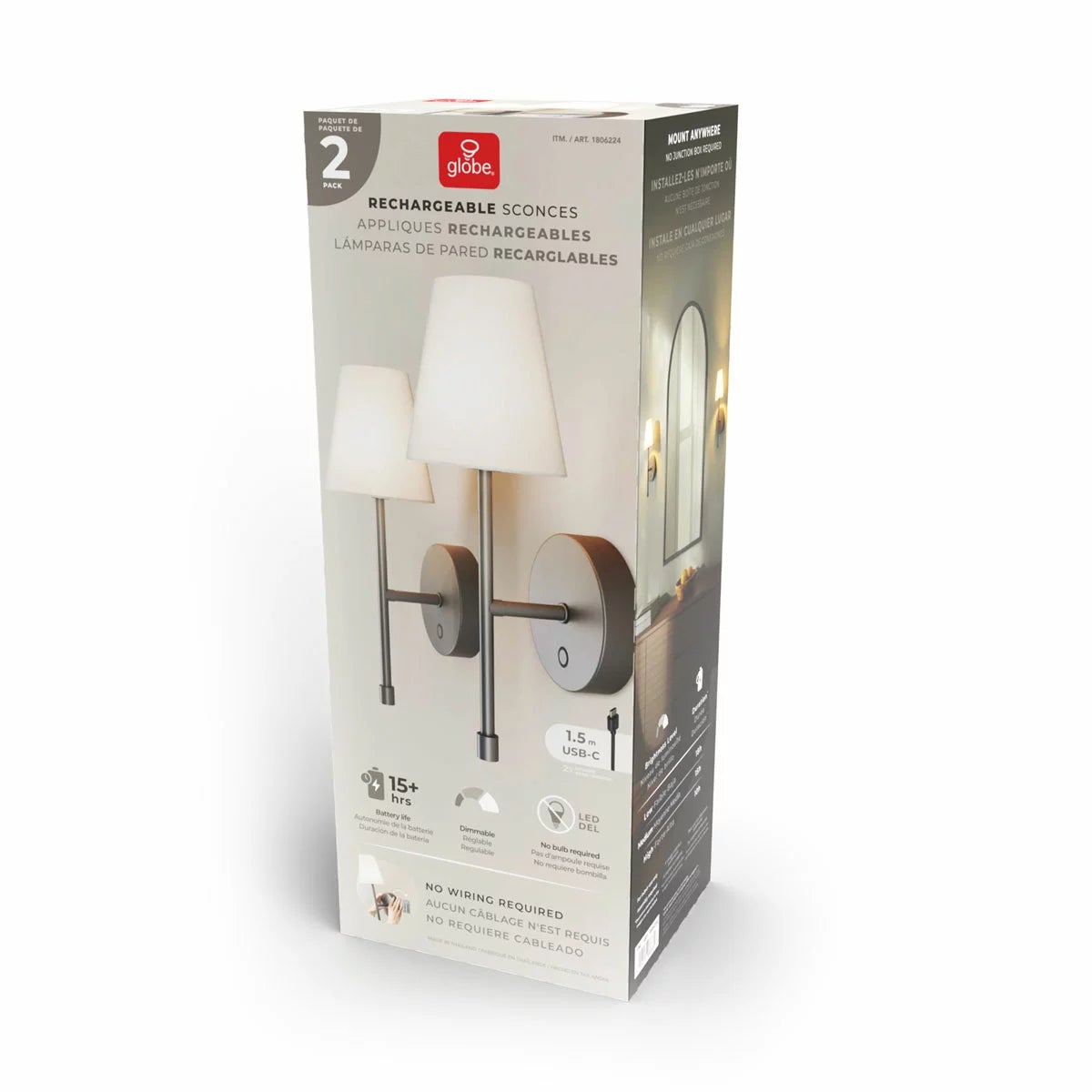 Globe Electric Wireless Rechargeable LED Integrated Wall Sconce, 2 Pack, view 15