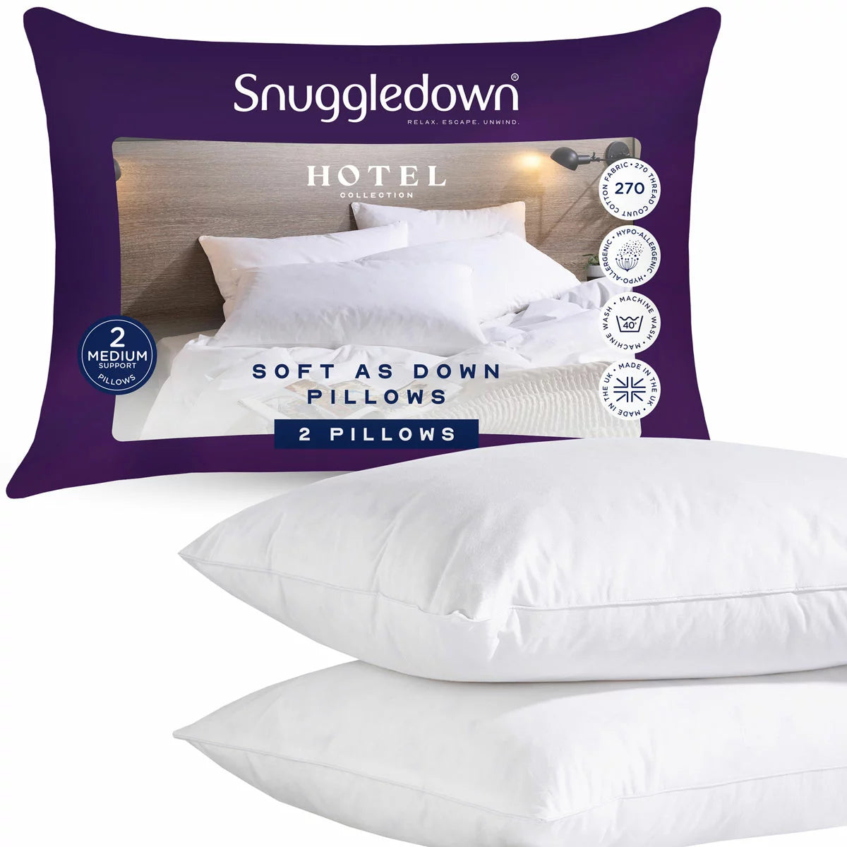 Snuggledown Soft As Down Pillow, 2 Pack
